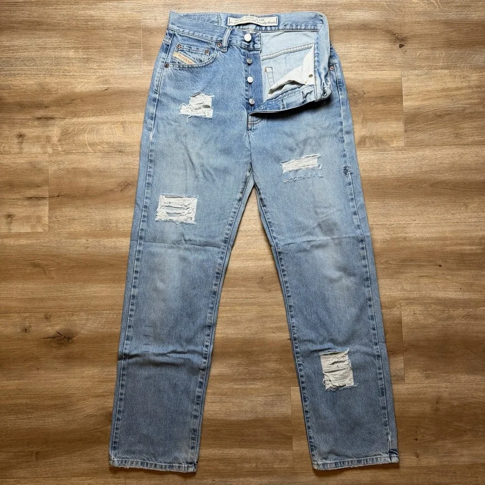 Diesel Jeans Men 28x30 Blue Straight Leg Made Italy Distressed Wash Y2K (Tag 30)